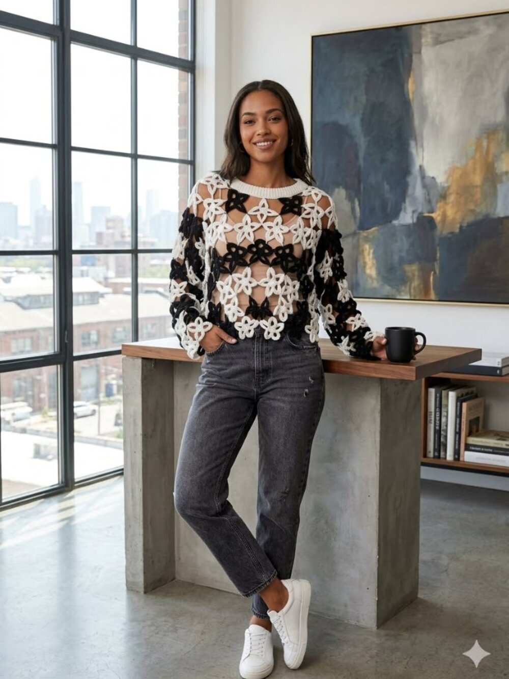 Zara Women's Size S Black White Floral Crochet Long Sleeve Open Knit Sweater Top